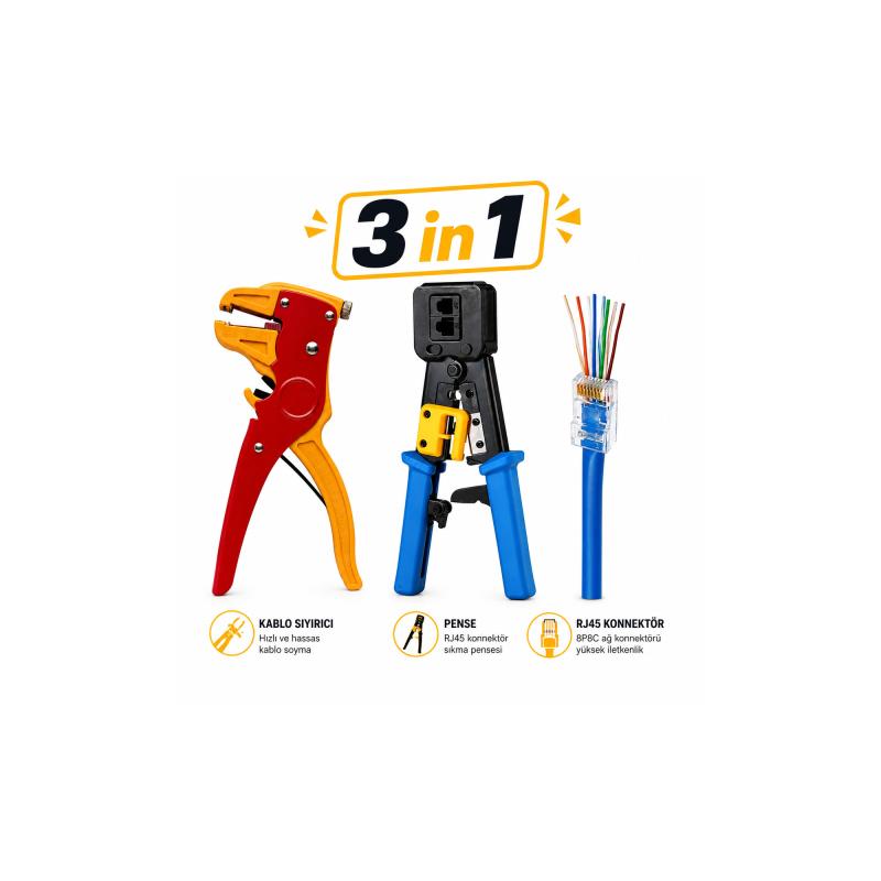 Yeni Nesil Ez RJ45 Sıkma Pensesi + Kablo Soyma Pensesi + 100 Adet Yeni Nesil Ez 8PC8C Jack Set