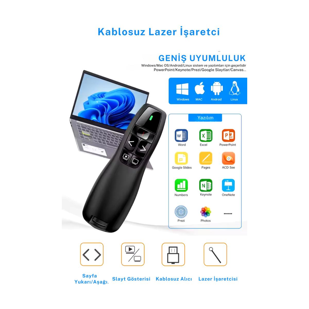 K400 2.4GHz USB Kablosuz Sunum Kumandası – Lazer Pointer, PowerPoint Uzaktan Kumanda