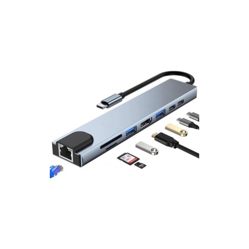 TYPE-C 8 İN 1 HUB ÇOĞALTICI LAN-HDMI-2X USB-2X TYPE-C - SD-MİCRO SD KART OKUYUCU HUB ÇOĞALTICI