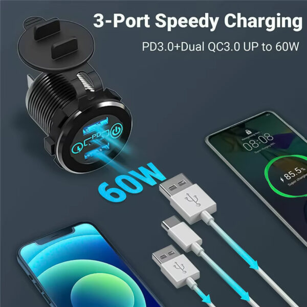 SE-2404 3Port usb şarj soketi Karavan Araç Tekne Şarj Cihazı 12-24V USB Çıkışı Dokunmatik Panel - Görsel 6